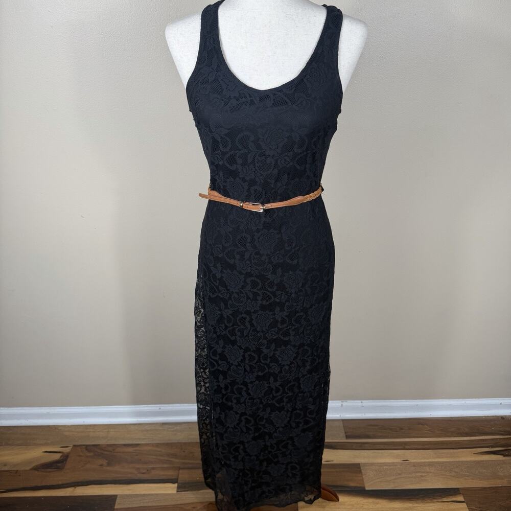 No Boundaries Black Lace Maxi Dress Women’s M 7/9 Sleeveless Sheer Overlay Boho